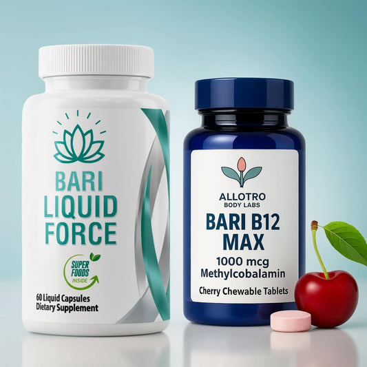Two supplement bottles, 'Bari Liquid Force' and 'Allotro Bari B12 Max', with a cherry on a light blue background.