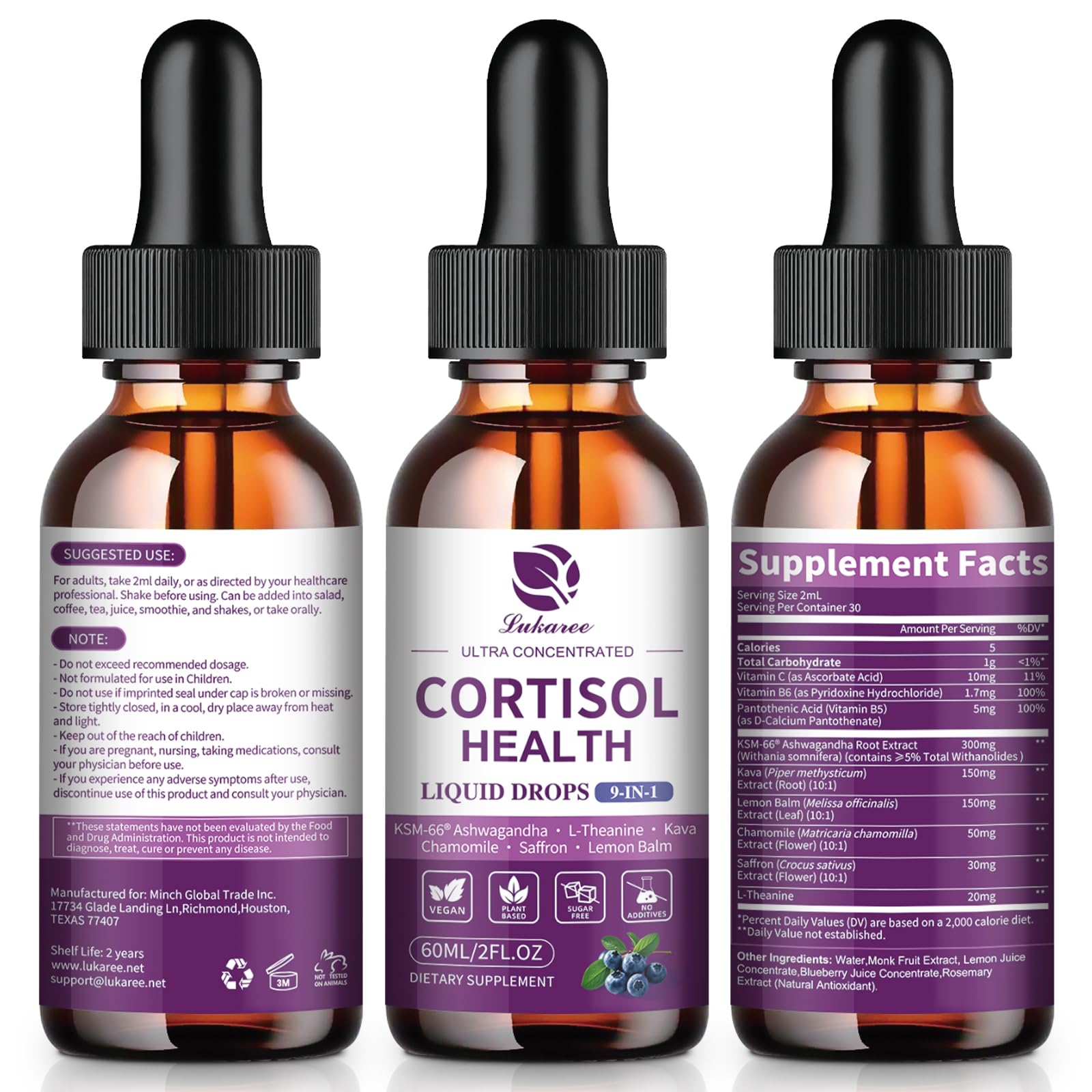Cortisol Supplements for Women, Cortisol Reducer Manager Detox with KSM-66® Ashwagandha, Kava, Lemon Balm & Vitamin C B5 B6, Lower Cortisol, Hormone Harmony Liquid Drops, 2 FL.OZ, Blueberry Flavor LukareeBuy Supplements Australia