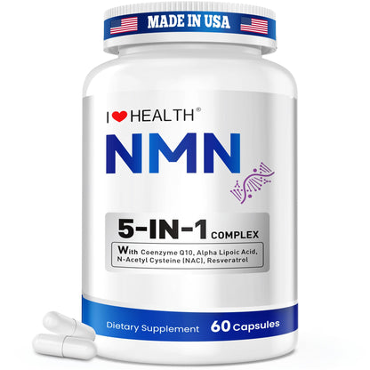 I LOVE HEALTH NMN Supplement, 5-in-1 Complex with NAC, Alpha Lipoic Acid, CoQ10 & Resveratrol - High Absorption Anti Aging Formula - Third Party Tested, cGMP, Gluten Free - 60 Capsules I LOVE HEALTHBuy Supplements Australia
