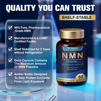 Totaria Liposomal NMN Supplement 1000mg, 14-in-1 NMN Resveratrol Complex with CoQ10, TMG, Quercetin, ALA, PQQ, Support NAD Levels, Cellular Energy & Healthy Aging, 60 Capsules, cGMP, Filler Free TotariaBuy Supplements Australia