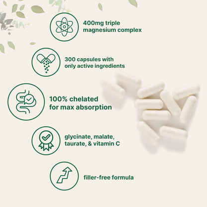 Micro Ingredients Pure Magnesium Complex, 300 Capsules | Triple Magnesium Glycinate, Malate, Taurate with Vitamin C | 100% Chelated | Supports Muscles Micro Ingredients