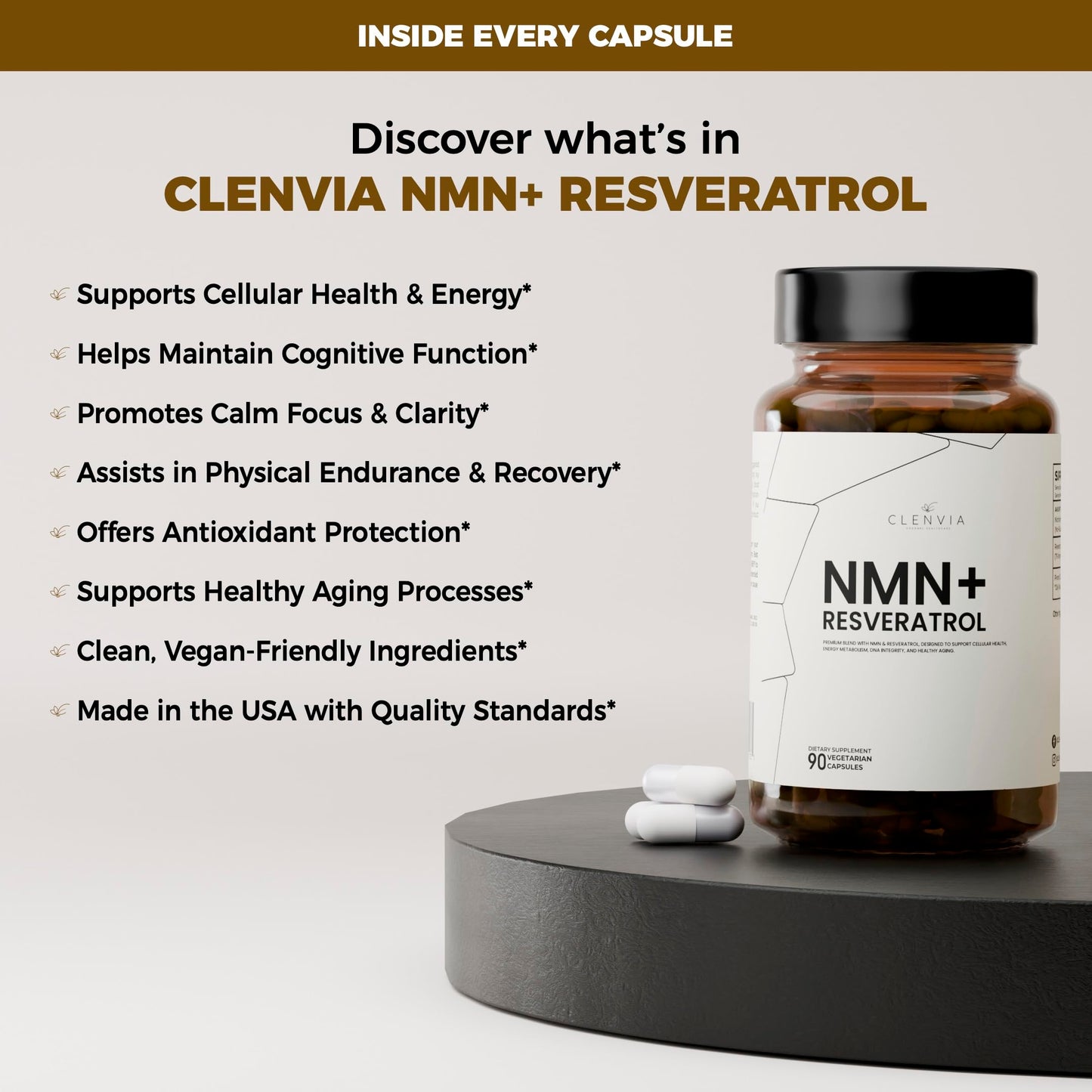 CLENVIA Premium NMN Supplement with Resveratrol – High Potency NAD+ Support Formula – >99.7% Purity – Third-Party Tested – Made in USA – 500mg Nicotinamide + 100mg Resveratrol – 90 Capsules CLENVIABuy Supplements Australia
