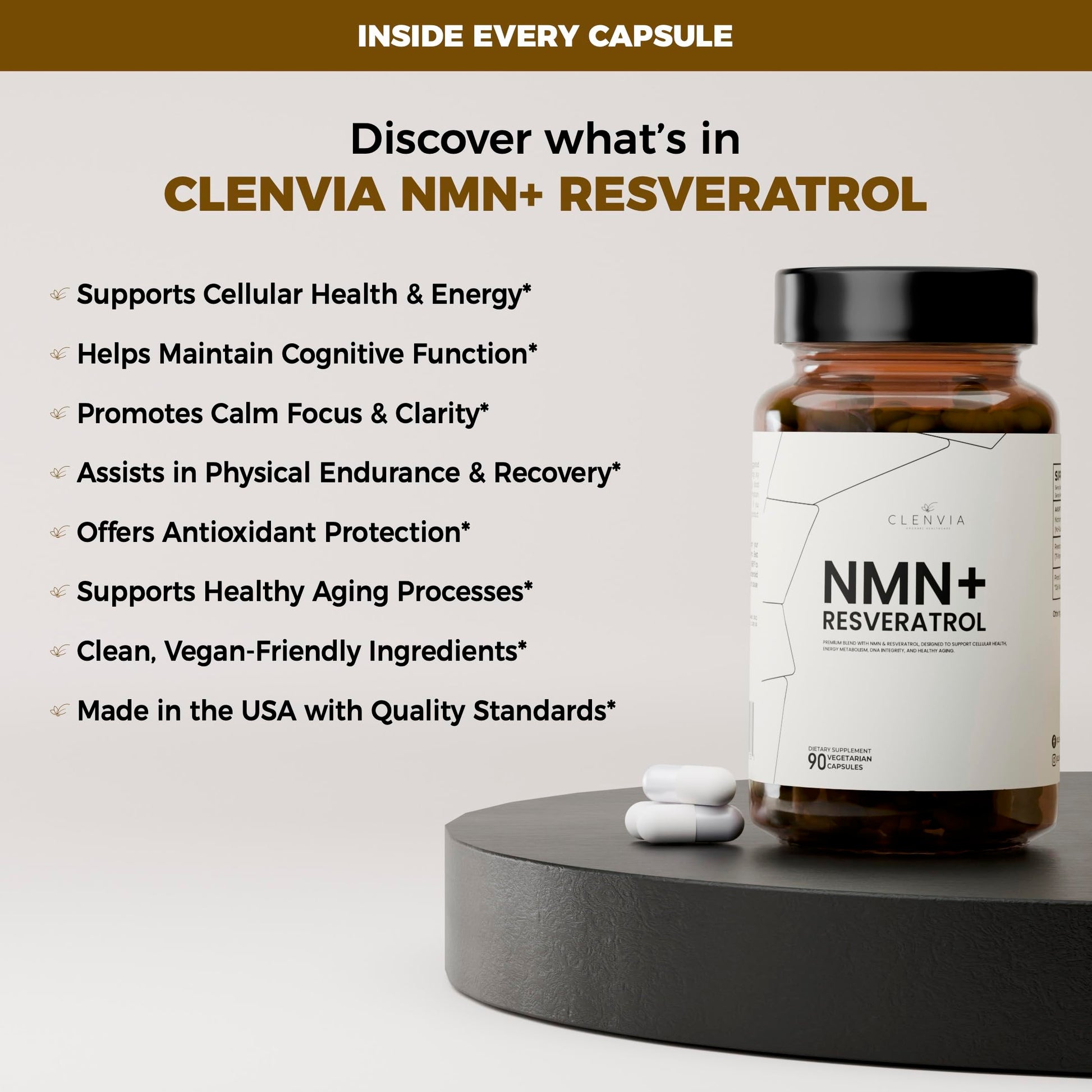 CLENVIA Premium NMN Supplement with Resveratrol – High Potency NAD+ Support Formula – >99.7% Purity – Third-Party Tested – Made in USA – 500mg Nicotinamide + 100mg Resveratrol – 90 Capsules CLENVIABuy Supplements Australia