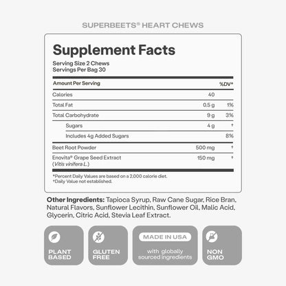 Humann SuperBeets Heart Chews, Beet Root Powder Support Energy Supplement, Nitric Oxide and Blood Pressure Support, Grape Seed Extract & Non-GMO Humann