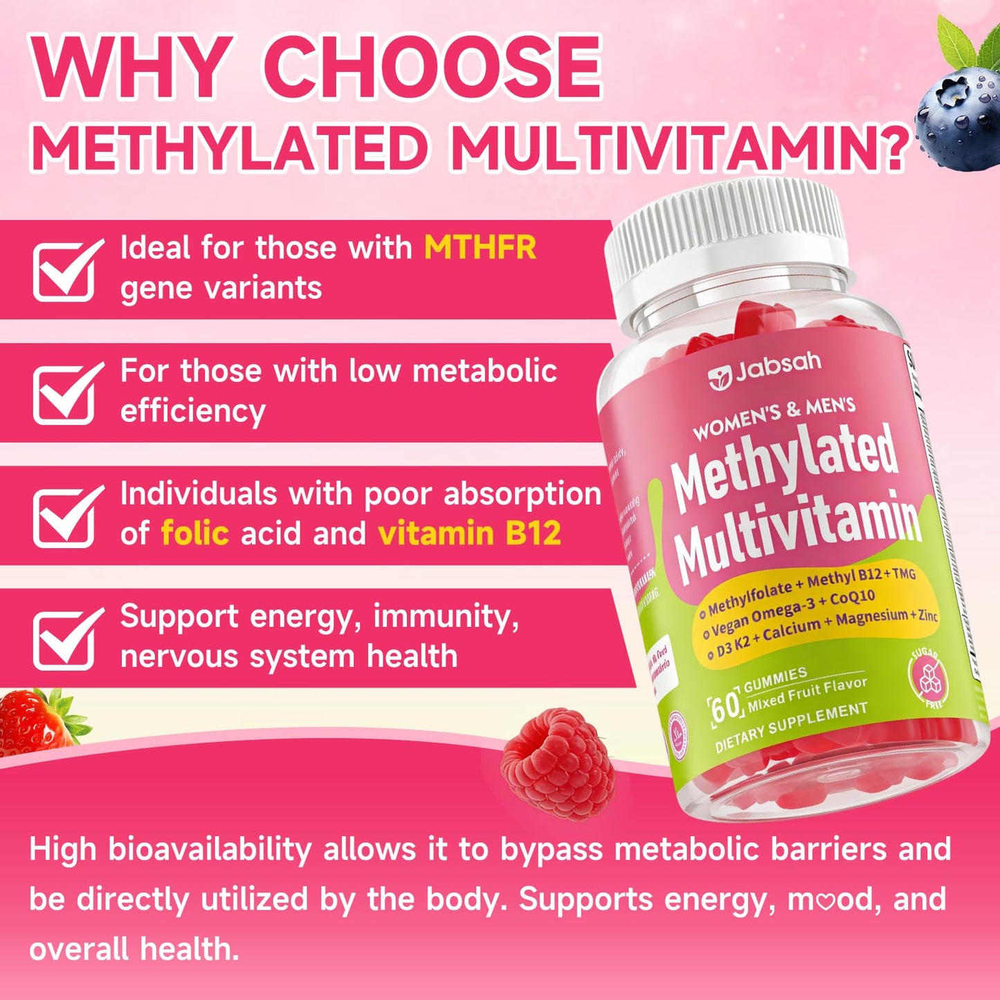 Methylated Vitamin B Complex Gummies for Women & Men, Multivitanins Gummy with Vitamin A, C ,E, Methylfolate & B12, TMG, Calcium, D3 K2 JabsahBuy Supplements Australia