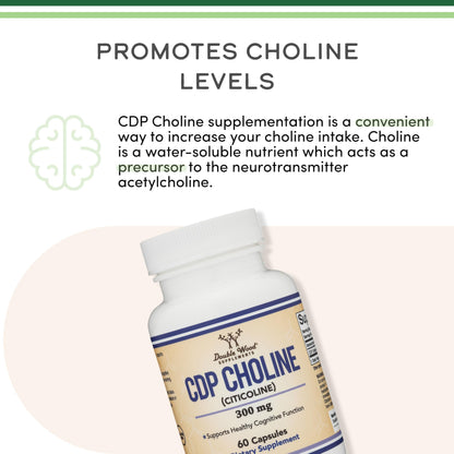 Double Wood Supplements CDP Choline (Citicoline) Supplement, Pharmaceutical Grade, Third Party Tested (60 Capsules 300mg)