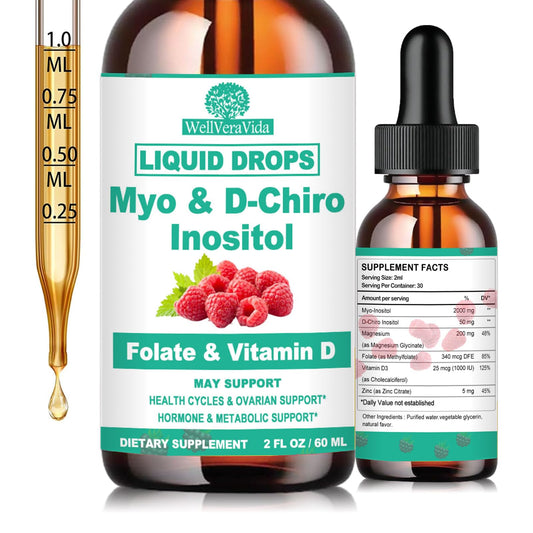 Myo Inositol & D-Chiro Inositol Supplement Liquid for Women- Ideal 40:1 Ratio Inositol Drops with MTHF Folate, Magnesium, Vitamin D, Supports Hormone Balance, Regular Cycles & Ovarian Health丨Vegan WellVeraVidaBuy Supplements Australia