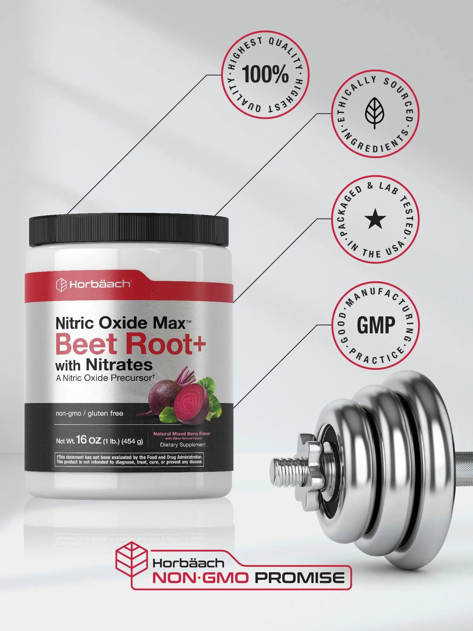 Nitric Oxide Beet Root Powder | 16 oz (454g) | Natural Mixed Berry Flavor | with Nitrates Horbäach