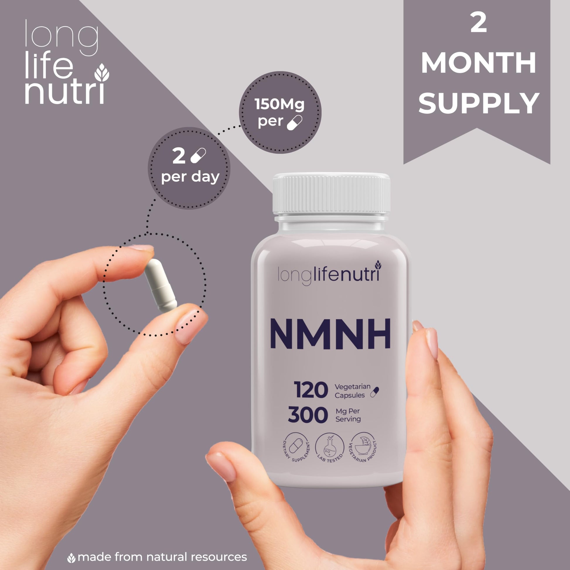 LongLifeNutri NMNH 300mg (Dihydronicotinamide Mononucleotide) - 120 Vegan Capsules, 2-Month Supply, NMN Alternative, NAD Supplement for Energy & Longevity, Lab Tested, Made in USA LongLifeNutriBuy Supplements Australia