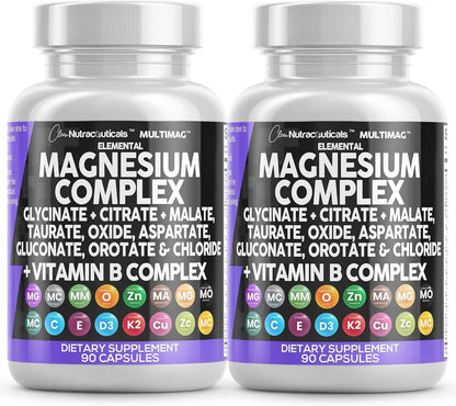 Two bottles of elemental magnesium complex dietary supplement with colorful labels on a white background.