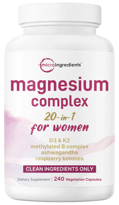 Magnesium Complex for Women, 240 Vegetarian Capsules | 20-in-1 Formula - Magnesium Blend with Vitamin D3, K2 Micro Ingredients