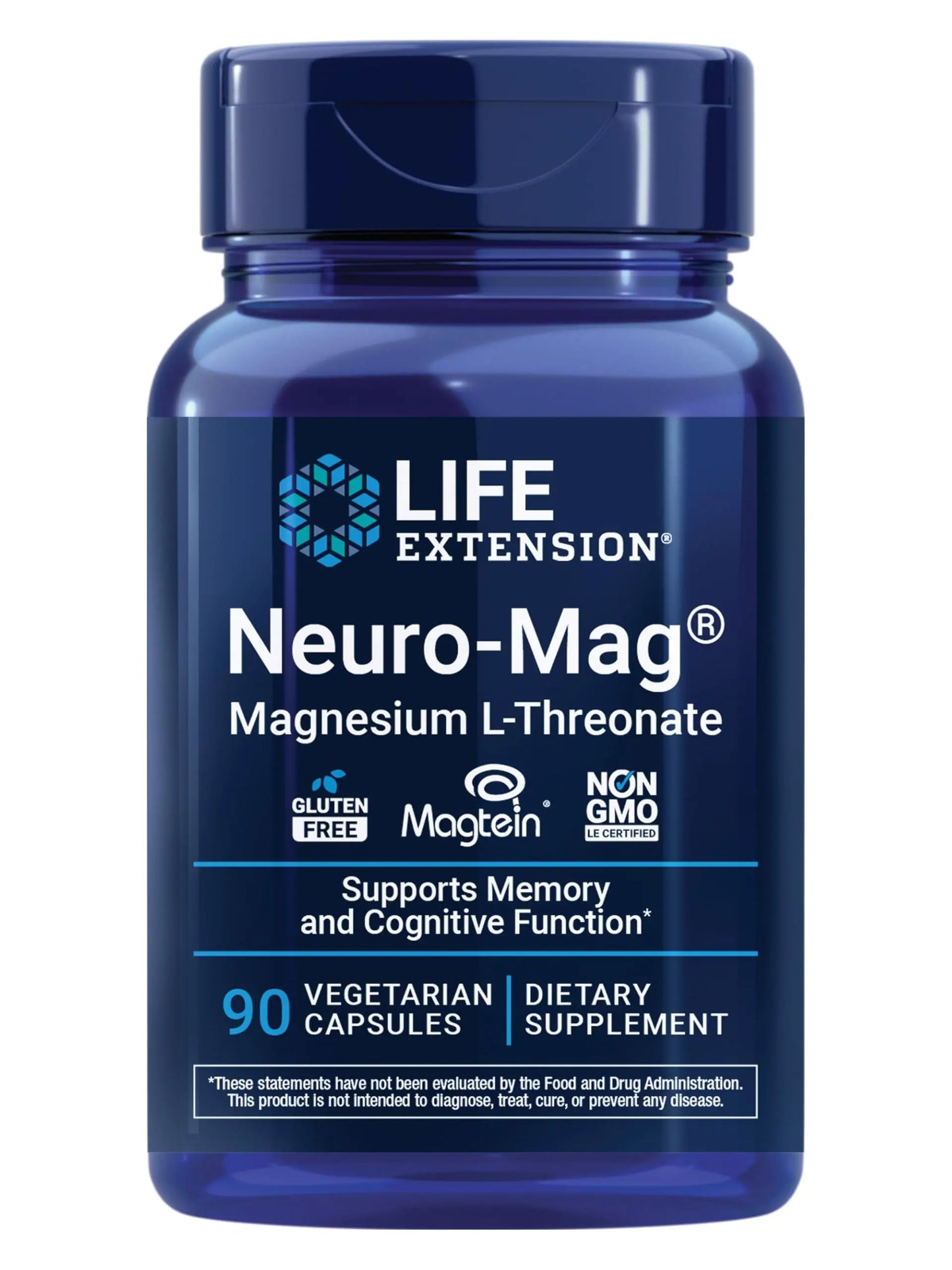 Blue supplement bottle labeled 'Neuro-Mag' by Life Extension on a white background