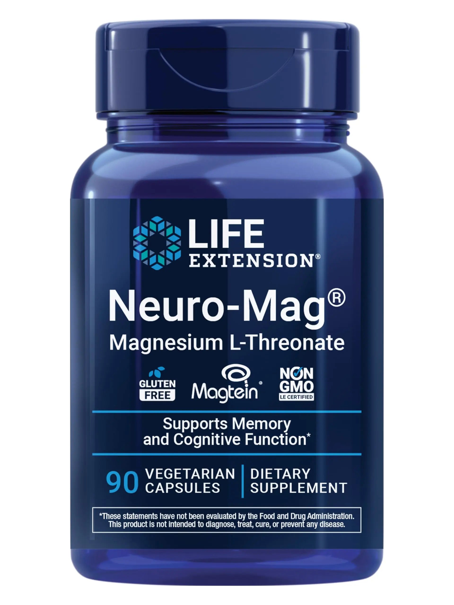Blue supplement bottle labeled 'Neuro-Mag' by Life Extension on a white background