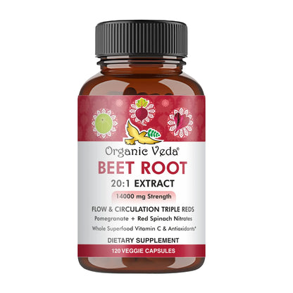 Organic Veda Beet Root Capsules - Triple Reds Nitric Oxide Beets Supplements - Concentrated Organic Veda