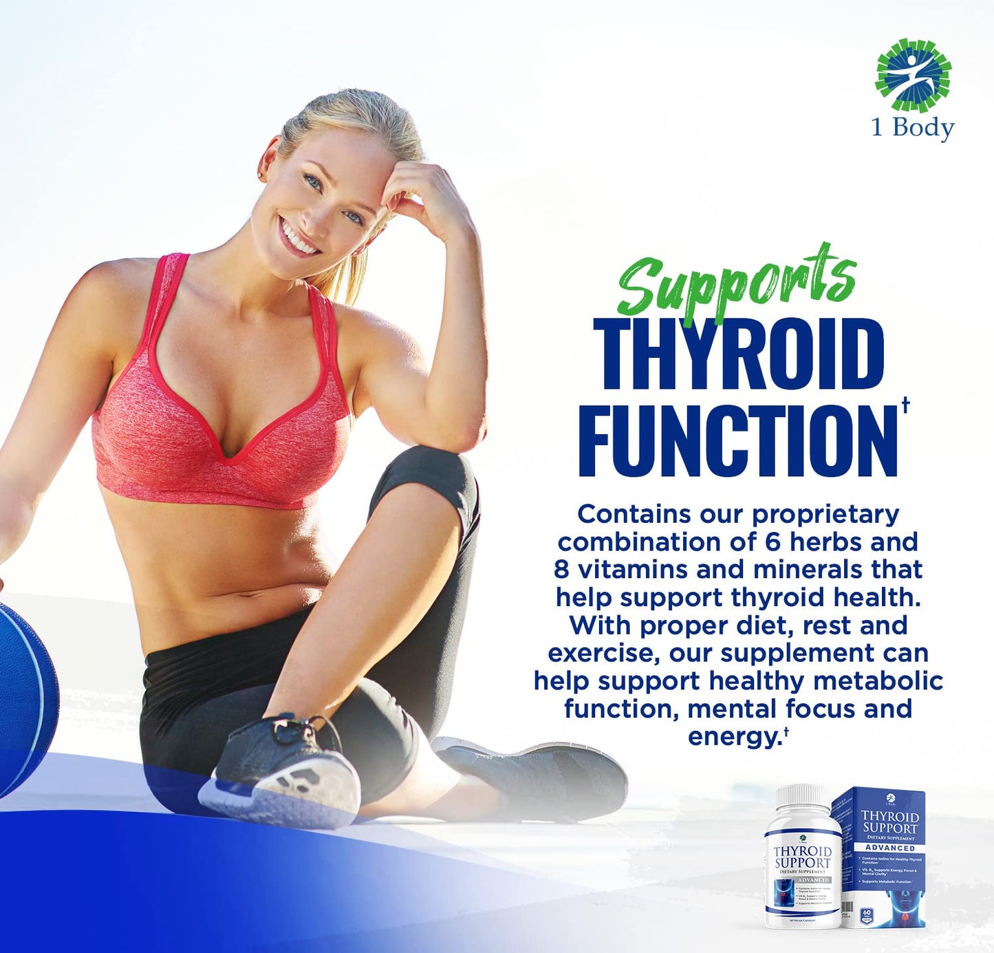 1 Body Thyroid Support Supplement for Women and Men - 2 Pack 60 Days 1 Body