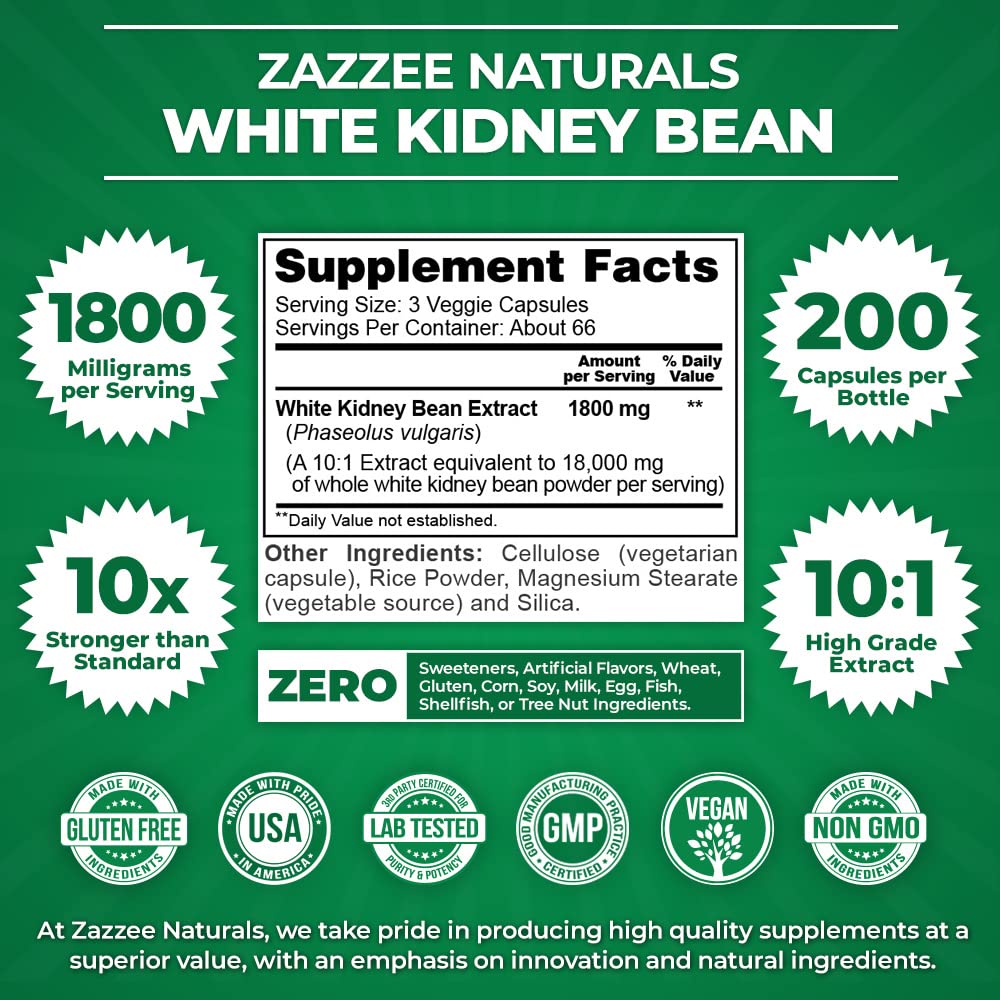 Zazzee White Kidney Bean 10:1 Extract, 18,000 mg Strength, 200 Vegan Capsules, Over 2 Month Supply Zazzee