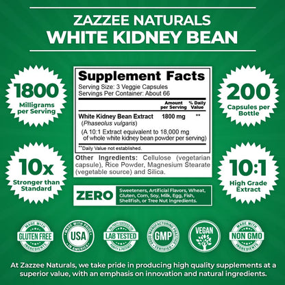 Zazzee White Kidney Bean 10:1 Extract, 18,000 mg Strength, 200 Vegan Capsules, Over 2 Month Supply Zazzee