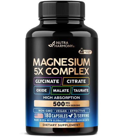 Supplement bottle labeled 'Magnesium 5X Complex' by Nutra Harmony on a white background