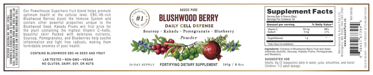 Aussie Pure Blushwood Berry Superfruit Daily Cell Defense - Soursop - Kakadu Plum - Pomegranate - Blueberry - Immune and Cell Support Powder - All Ages - Lab Tested and Authenticated - 180g/6.4oz Aussie Pure buy supplements Au