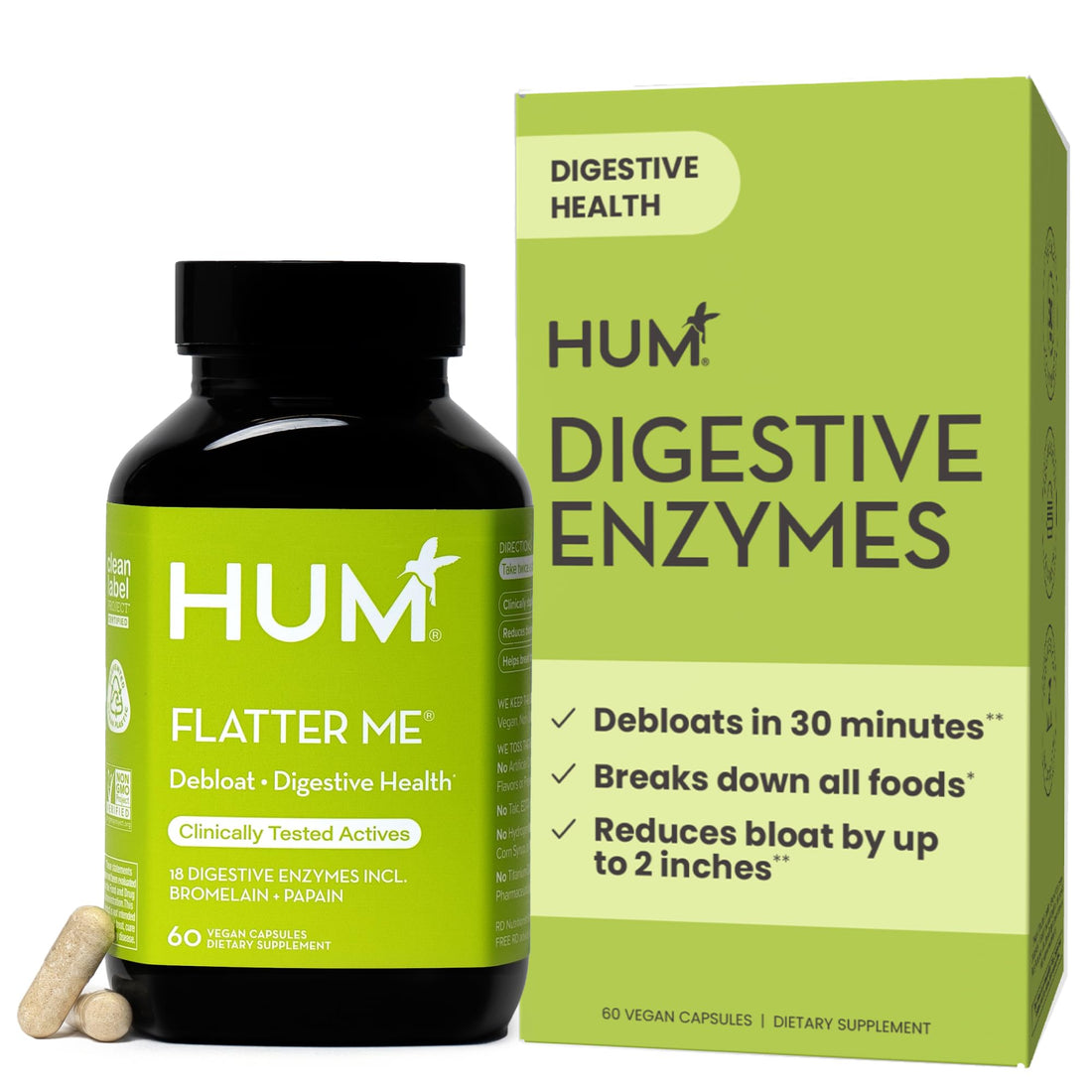 HUM Flatter Me Digestive Enzymes for Women & Men, Digestive Health Bloating Supplement with Ginger & Peppermint Leaf, Fast Acting Anti Bloat Pills Multi Enzyme for Debloating, Vegan, 60 Capsules HUMBuy Supplements Australia