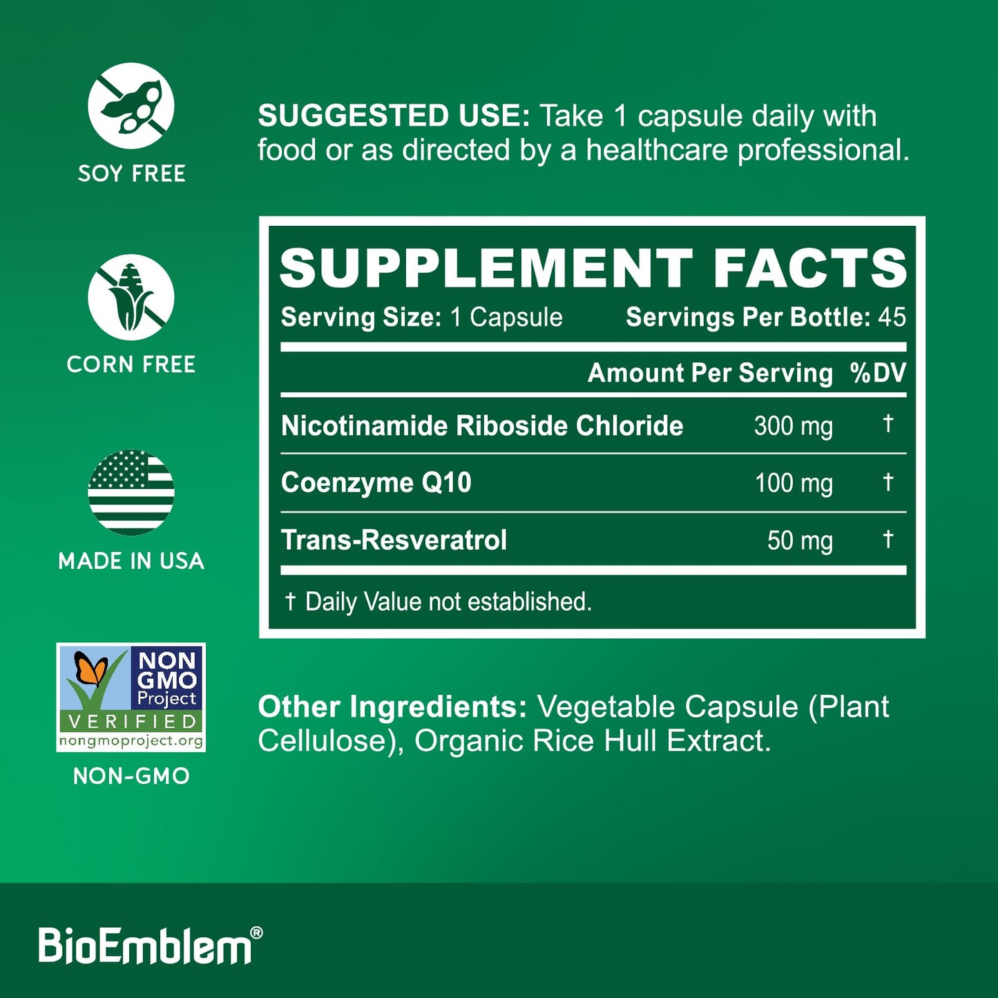 BioEmblem NAD+ Supplement | 300 mg Nicotinamide Riboside with CoQ10 & Resveratrol | Supports Healthy Aging, Cellular Energy and Cognitive Function | Non-GMO, Gluten Free - 45 Capsules BioEmblemBuy Supplements Australia