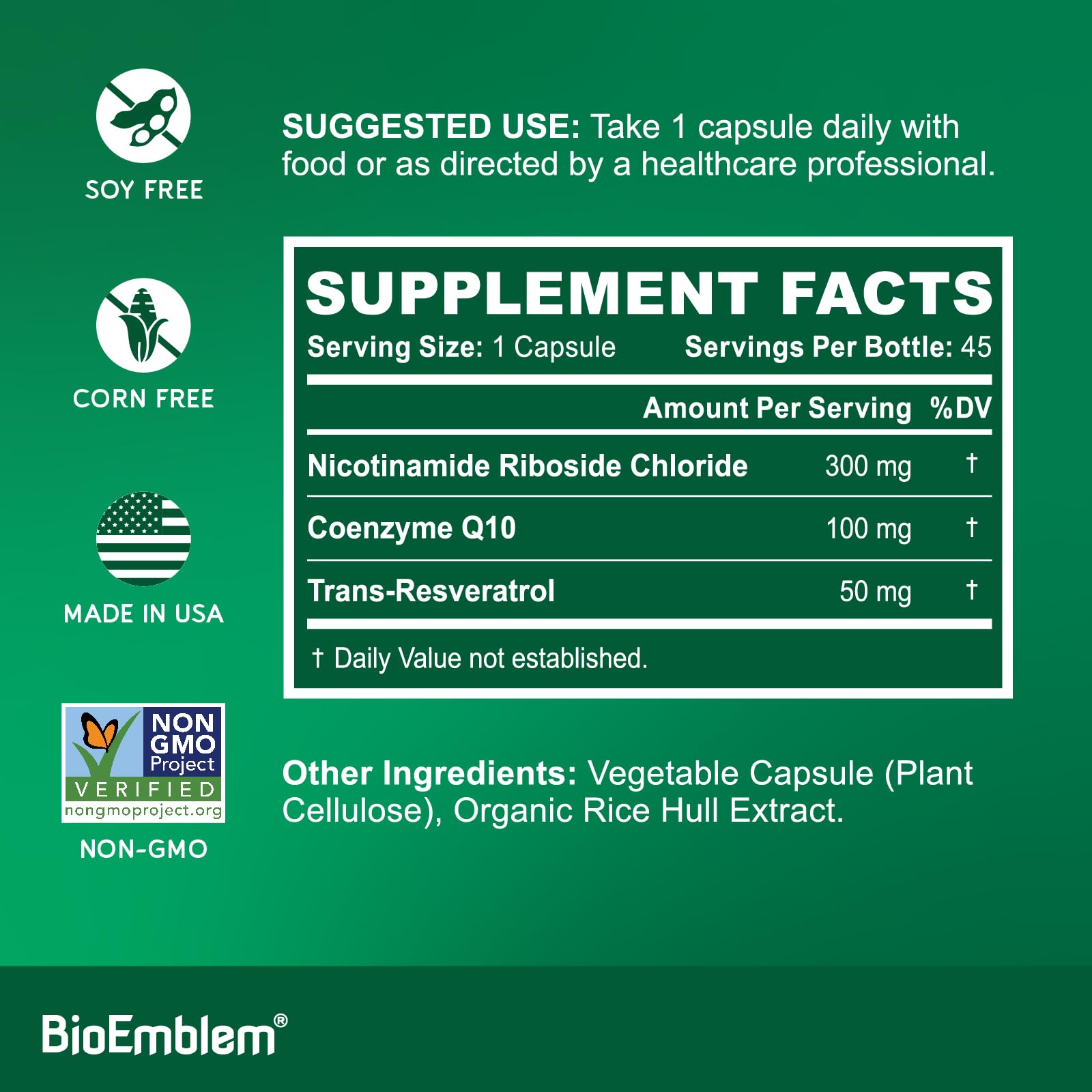 BioEmblem NAD+ Supplement | 300 mg Nicotinamide Riboside with CoQ10 & Resveratrol | Supports Healthy Aging, Cellular Energy and Cognitive Function | Non-GMO, Gluten Free - 45 Capsules BioEmblemBuy Supplements Australia