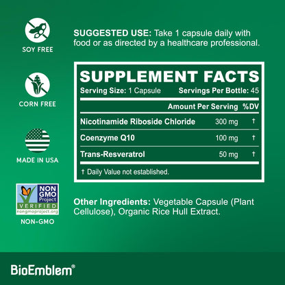 BioEmblem NAD+ Supplement | 300 mg Nicotinamide Riboside with CoQ10 & Resveratrol | Supports Healthy Aging, Cellular Energy and Cognitive Function | Non-GMO, Gluten Free - 45 Capsules BioEmblemBuy Supplements Australia