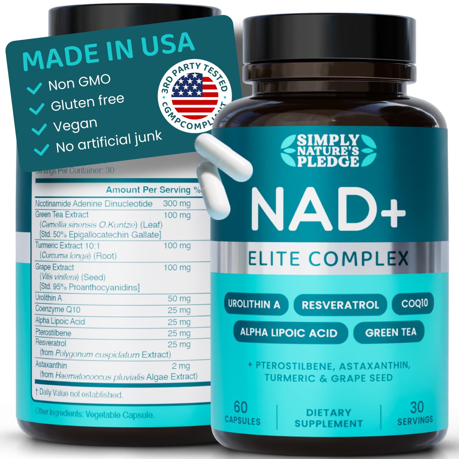 NAD+ Elite Complex – Direct NAD+ 300 mg with Urolithin A, Resveratrol, CoQ10 & Antioxidant Blend – Cellular Energy, Mitochondrial Support & Healthy Aging – Vegan, Non-GMO, 60 Capsules (30 Servings) Simply Nature's PledgeBuy Supplements Australia