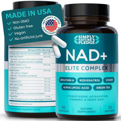 NAD+ Elite Complex – Direct NAD+ 300 mg with Urolithin A, Resveratrol, CoQ10 & Antioxidant Blend – Cellular Energy, Mitochondrial Support & Healthy Aging – Vegan, Non-GMO, 60 Capsules (30 Servings) Simply Nature's PledgeBuy Supplements Australia