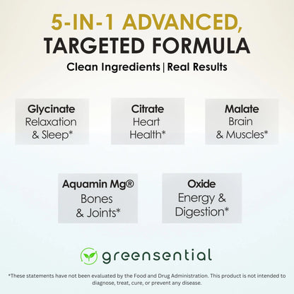 Greensential 5-in-1 Magnesium Complex 500mg | Glycinate, Malate, Citrate, Oxide & Aquamin® | for Sleep, Muscle & Heart Support | High Absorption, Vegan, 120 Capsules Greensential buy supplements Au