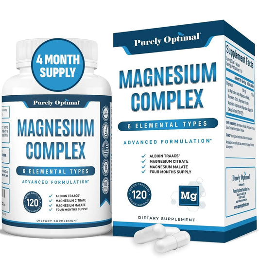 Purely Optimal Magnesium Complex - 6 Forms Magnesium Glycinate, Citrate & Malate - Sleep Support, Stress Relief, Muscles, Heart Health & Relaxation Purely Optimal