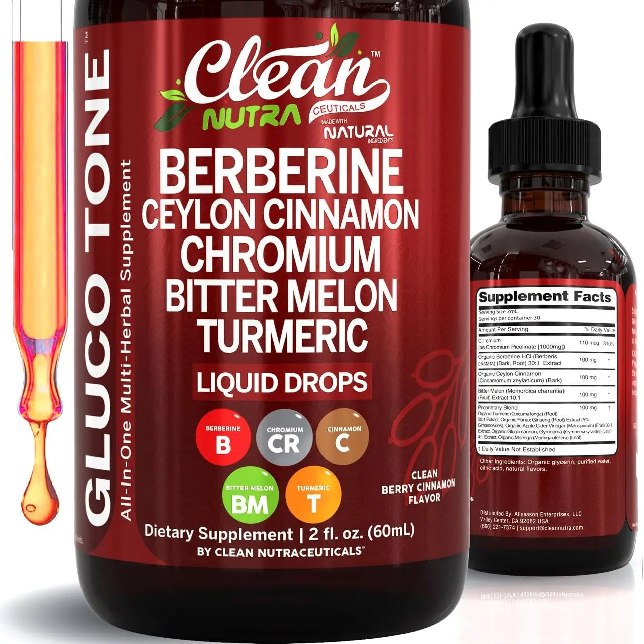 Clean Nutra Berberine with Ceylon Cinnamon Supplement Liquid Drops + Bitter Melon Extract, Glucomannan, Gymnema, Chromium Clean Nutraceuticals