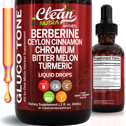 Clean Nutra Berberine with Ceylon Cinnamon Supplement Liquid Drops + Bitter Melon Extract, Glucomannan, Gymnema, Chromium Clean Nutraceuticals