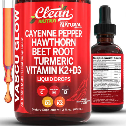 Clean Nutra Cayenne Pepper Drops Supplement Liquid + Hawthorn Berry, Vitamin D3 K2 Beet Root Powder, Ceylon Cinnamon, Turmeric Curcumin Clean Nutraceuticals