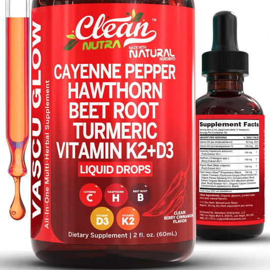 Clean Nutra Cayenne Pepper Drops Supplement Liquid + Hawthorn Berry, Vitamin D3 K2 Beet Root Powder, Ceylon Cinnamon, Turmeric Curcumin Clean Nutraceuticals