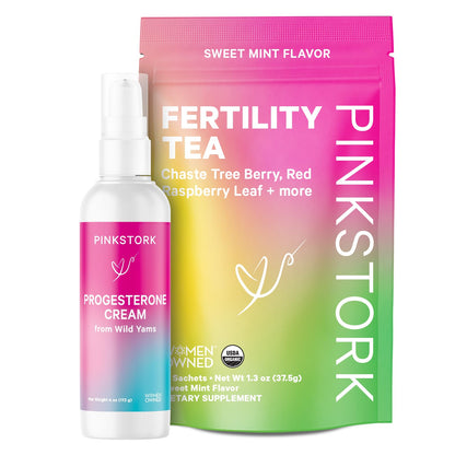 Pink Stork Fertility Tea and Progesterone Cream for Women, Fertility, Ovulation, Conception, and Hormone Balance for Women with Chaste Tree Berry (Vitex) - Duo Pink Stork