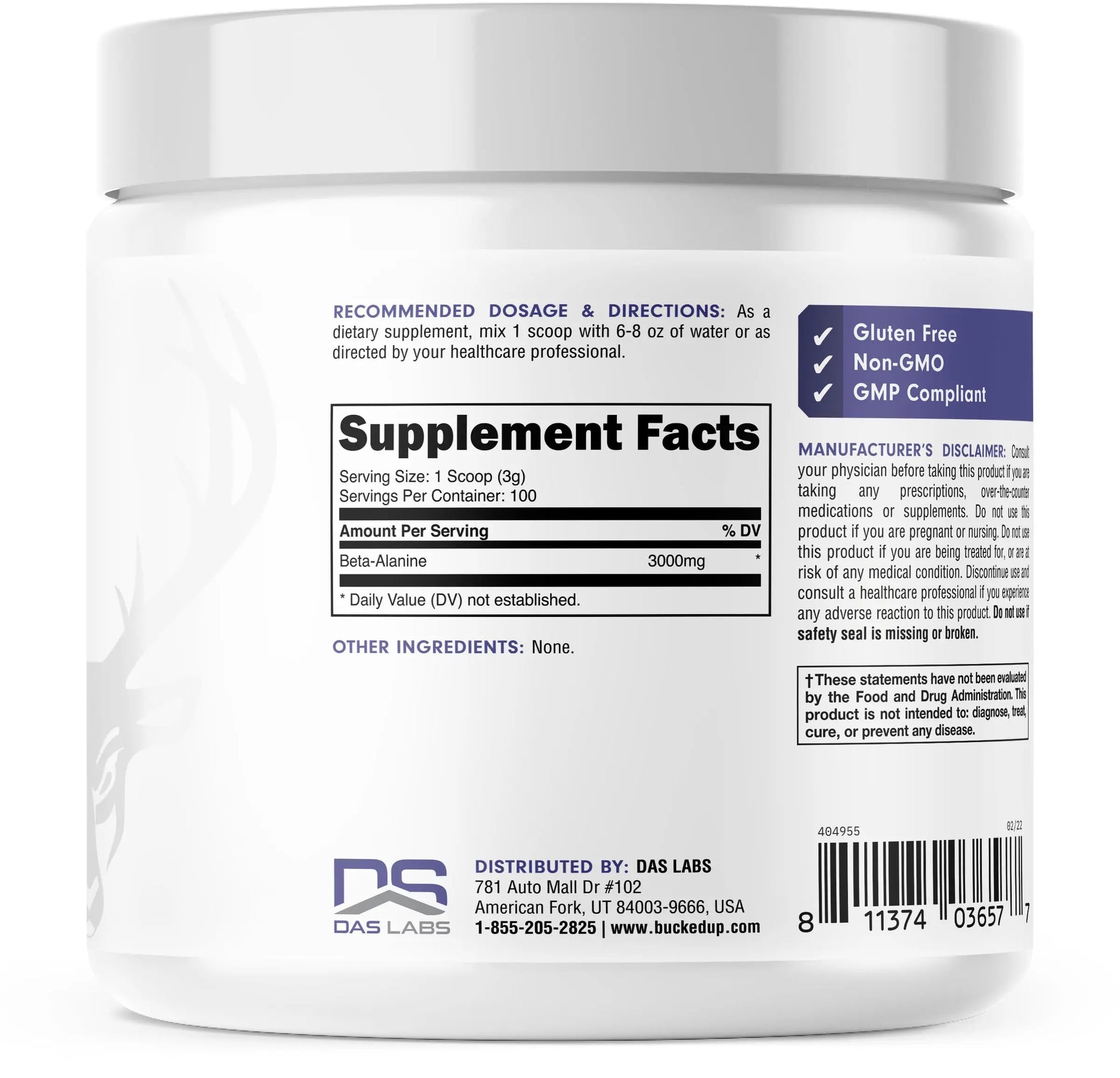 Bucked Up Beta Alanine 300mg Powder, Non-GMO, Gluten-Free, Unflavored (100 Servings) Bucked Up