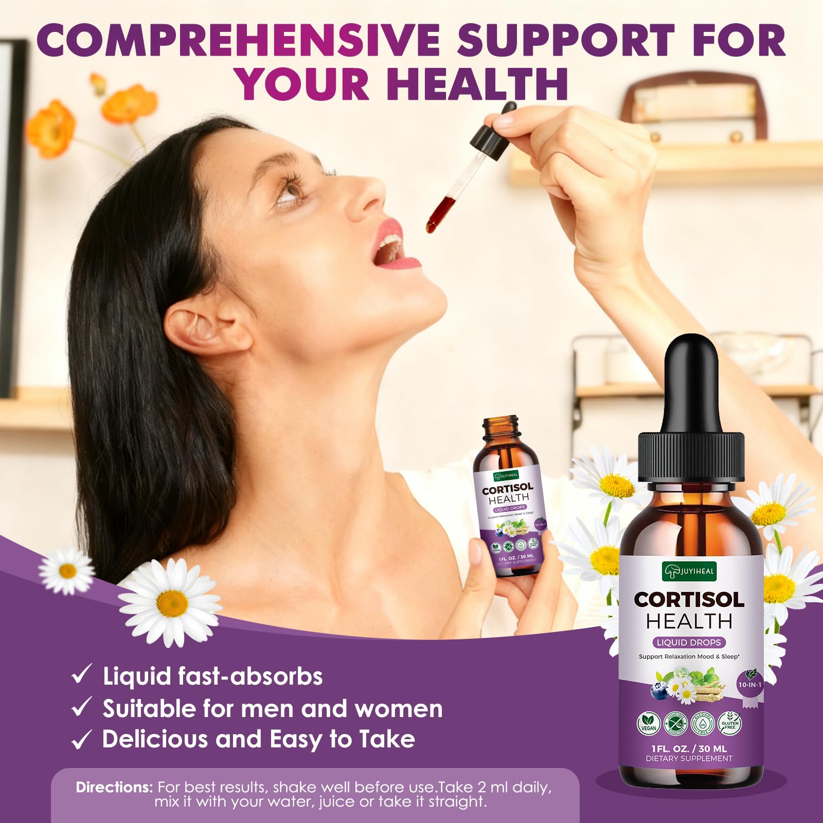 JUYIHEAL Cortisol Supplements, 10 in 1 Cortisol Detox Manager Reducer Hormone Balance Liquid Drops with Ashwagandha, Magnesium, L-theanine JUYIHEALBuy Supplements Australia