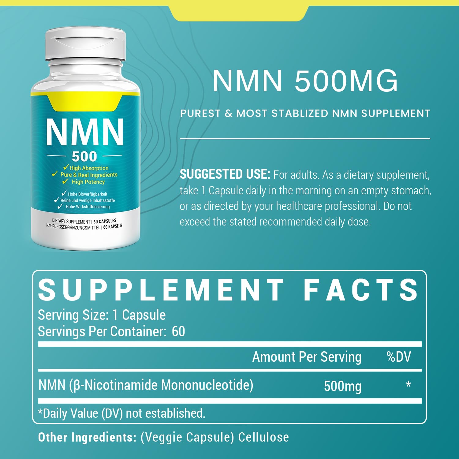 Vegan NMN Supplement 500mg, Higher Absorption - 99% Pure NMN (Nicotinamide Mononucleotide)for NAD+, Cellular Energy Immune Muscle, Anti-Aging & Longevity, Stabilized NMN - 60 Capsules (60 Days Supply) NivantavBuy Supplements Australia