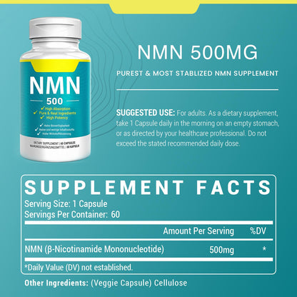 Vegan NMN Supplement 500mg, Higher Absorption - 99% Pure NMN (Nicotinamide Mononucleotide)for NAD+, Cellular Energy Immune Muscle, Anti-Aging & Longevity, Stabilized NMN - 60 Capsules (60 Days Supply) NivantavBuy Supplements Australia
