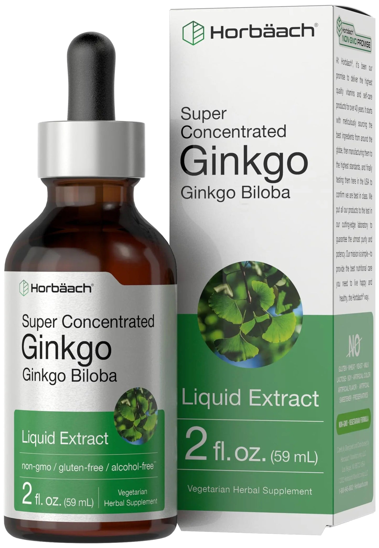 Ginkgo Biloba Extract Liquid 2 fl oz | Alcohol-Free Herb Supplement | Vegetarian Horbäach