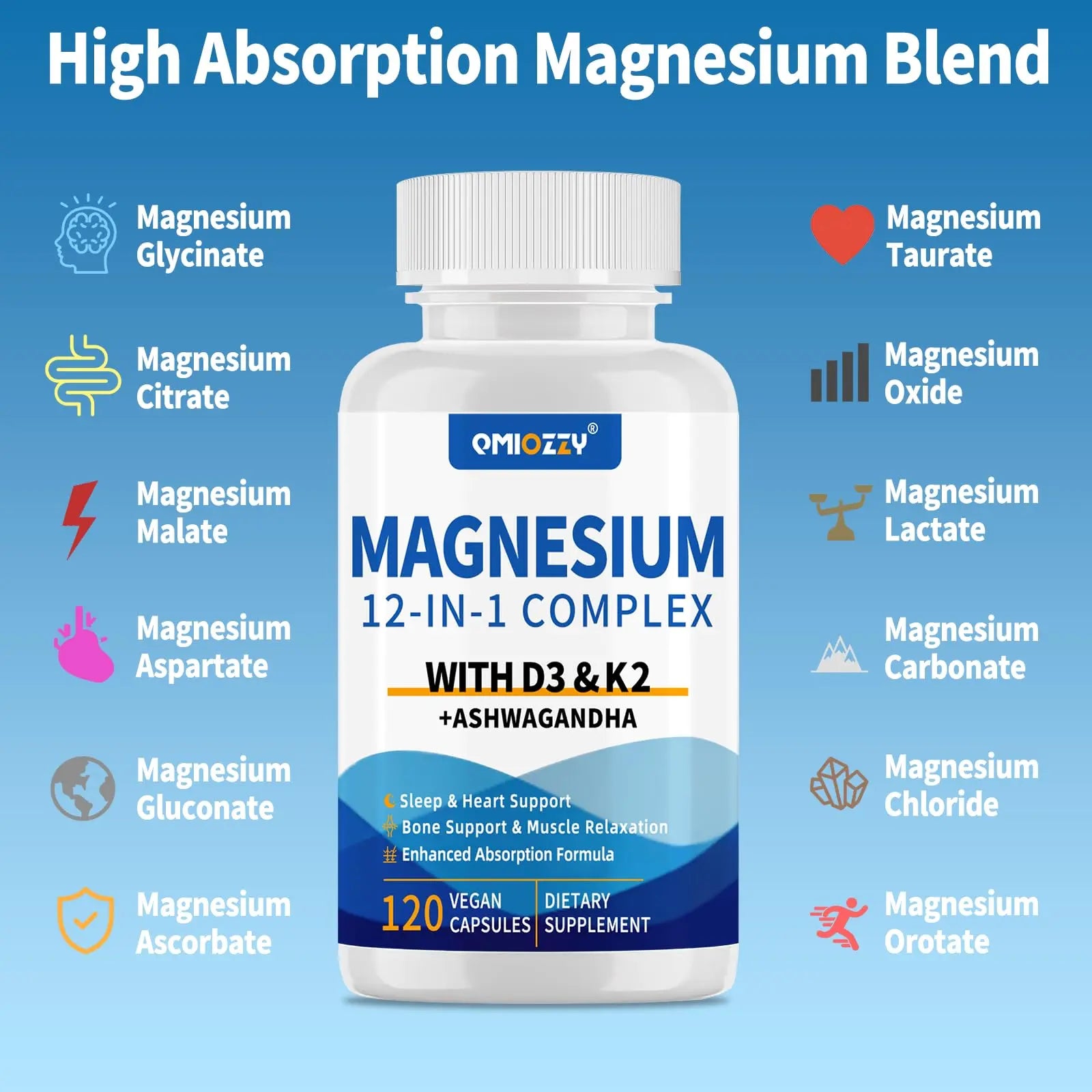 Magnesium Complex 12 in 1 Supplement for Women & Men 700mg, Magnesium Glycinate with Vitamin D3 K2, Citrate Malate Oxide Taurate Aspartate Orotate, for Relaxation, Heart, Energy, Muscle, 120 Capsules Qmiozzy buy supplements Au