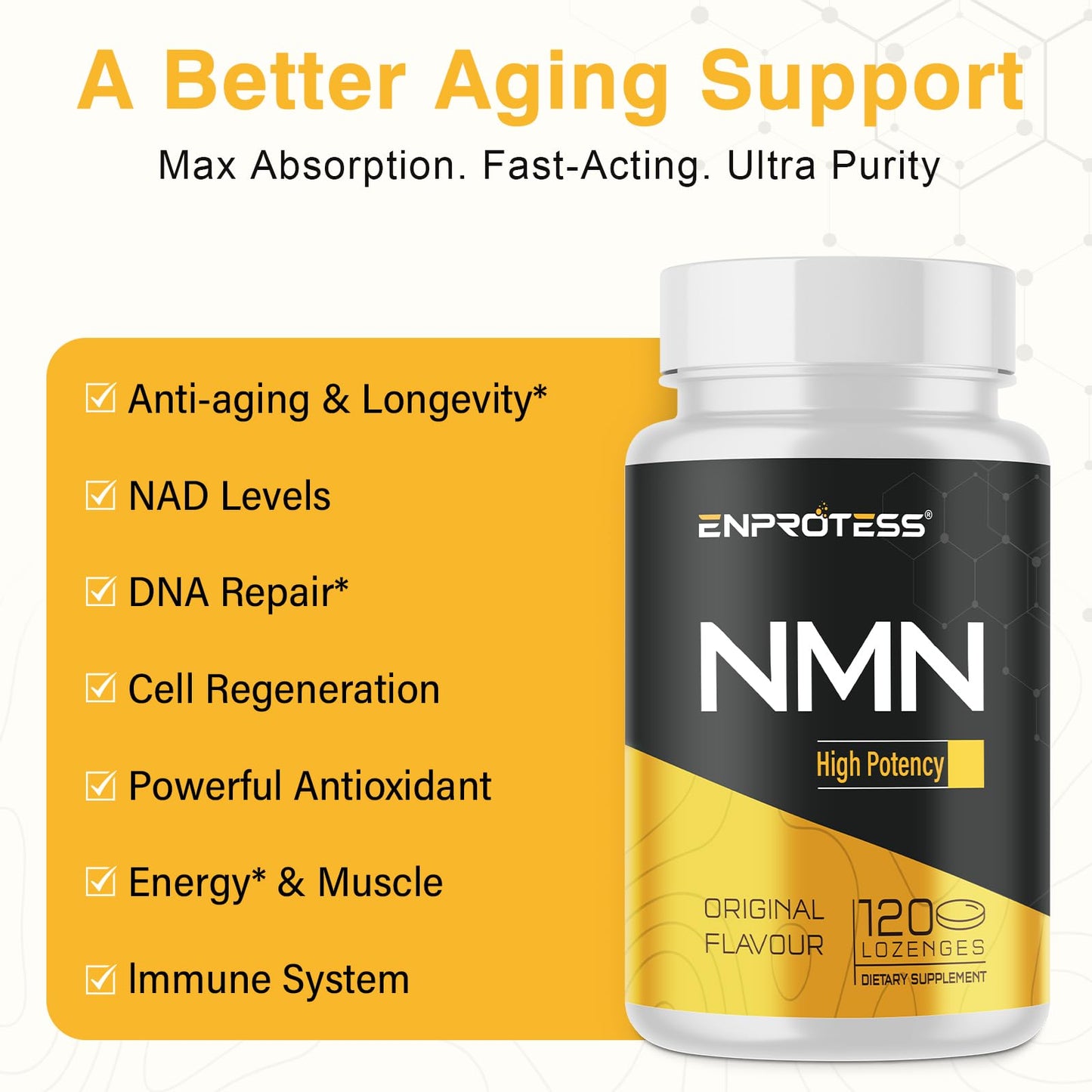 Sublingual NMN 500mg, Max Absorbency & Fast-Acting NMN Supplement（120-Day Supply）, 99% Pure NMN (Nicotinamide Mononucleotide) for NAD, Cell, Immune, Energy, Muscle, Anti-Aging, Longevity, 120 Lozenges EnprotessBuy Supplements Australia