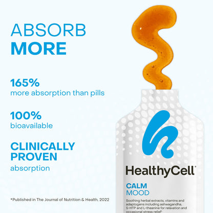 Healthycell Calm Mood Daily Liquid Supplement - Cortisol Manager & Mood Support Supplement for Stress with Ashwagandha, L-Theanine, Magnesium, 5-HTP, GABA & Saffron - 14 Gel Packs Healthycell buy supplements Au
