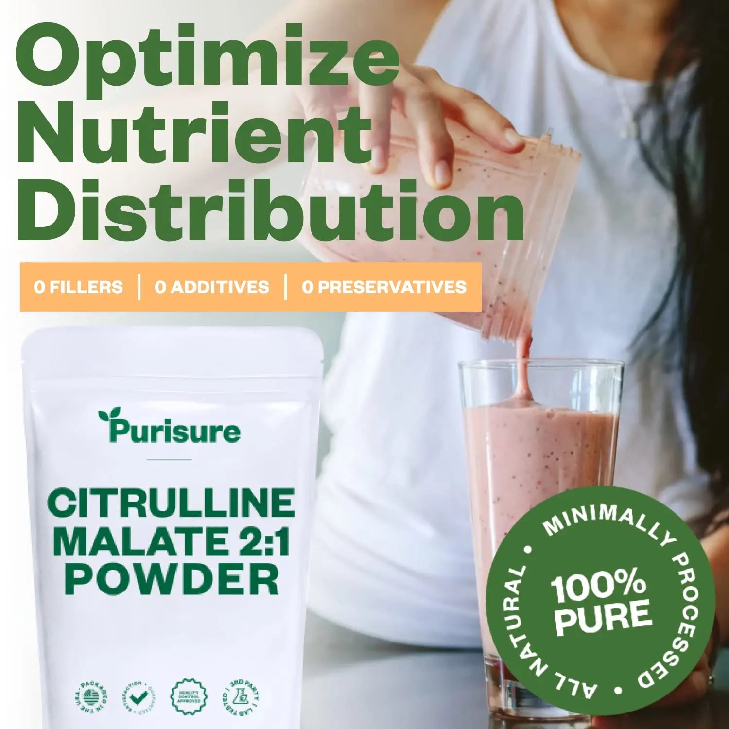 Purisure Citrulline Malate 2:1 Powder, 1 kg, Citrulline Supplement and Citrulline Nitrate Purisure