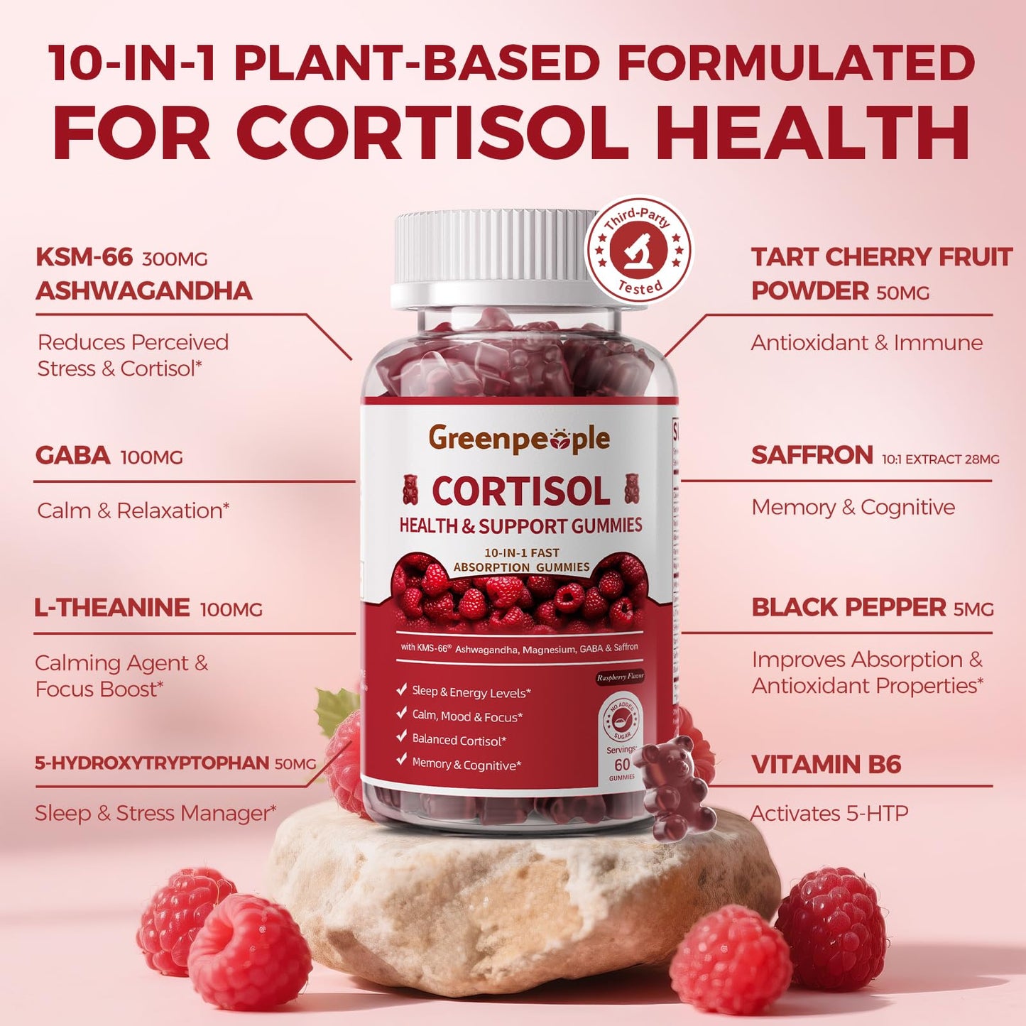 GREENPEOPLE Cortisol Supplements for Women & Men - Cortisol Reducer Detox Manager w/KSM-66 Ashwagandha/Magnesium/L-theanine/GABA/Vitamin B6 for Mood/Sleep/Stress Relief 60 CT Raspberry Flavor Gummies GREENPEOPLEBuy Supplements Australia