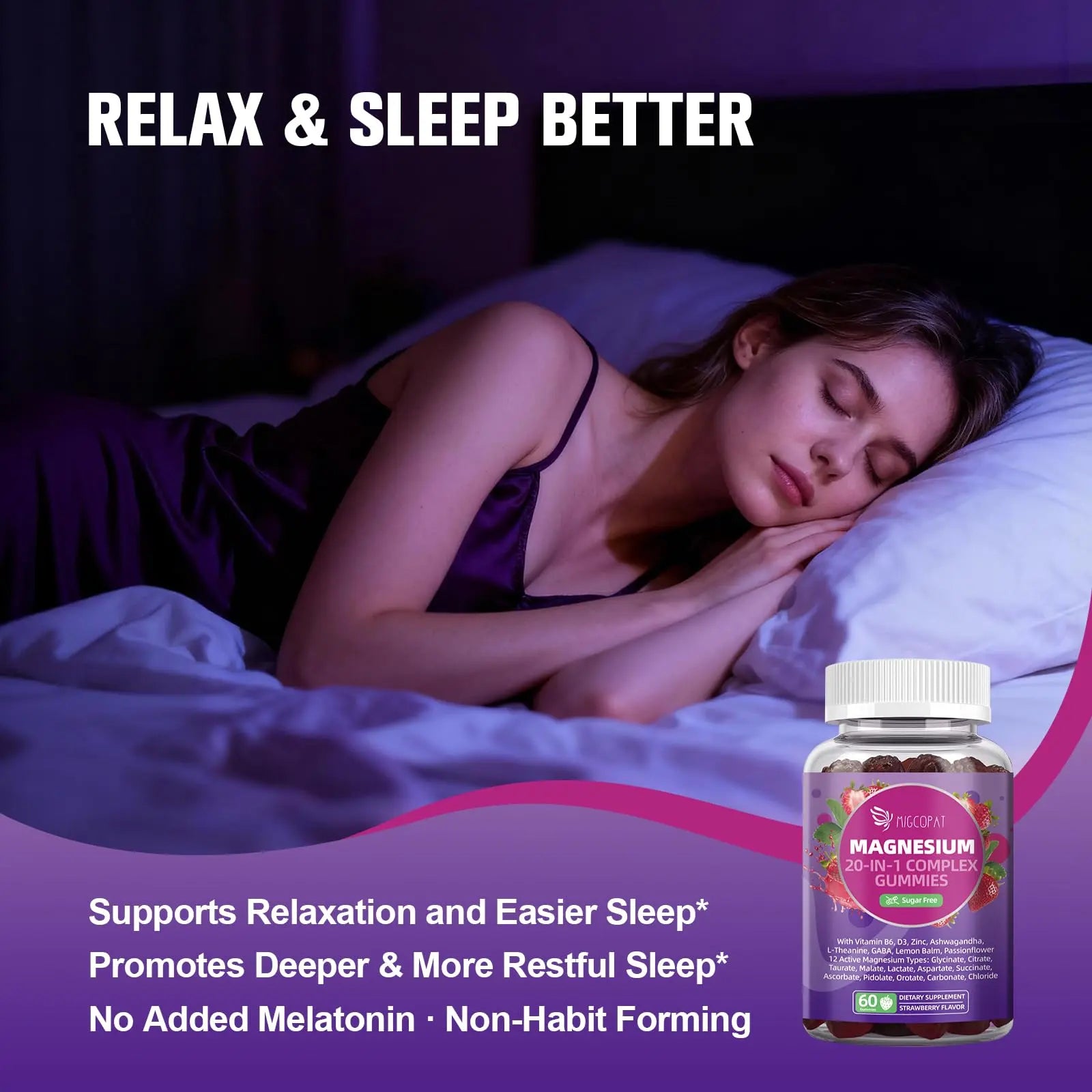 Migcopat Magnesium Complex Gummies, 20 in 1 Magnesium Gummy with Glycinate Citrate Malate Taurate - Ashwagandha, L-Theanine, D3&Zinc for Relaxation, Sleep, Muscle&Heart Support, Strawberry, 60 Cts Migcopat buy supplements Au