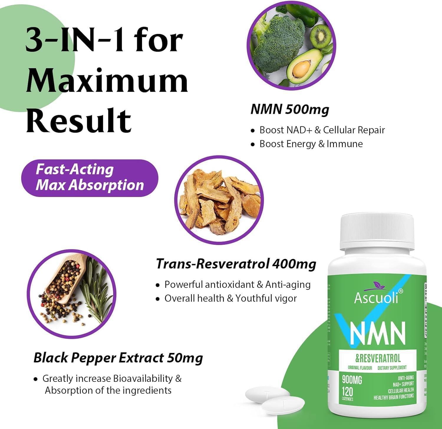 Sublingual NMN 500mg + Trans-Resveratrol 400mg, 3-in-1 Advanced Formula 99% Pure NMN Resveratrol Supplement for Boost* NAD, Cell, Immune, Energy & Muscle, Anti-Aging, 120 Lozenges, 120-Day Supply AscuoliBuy Supplements Australia
