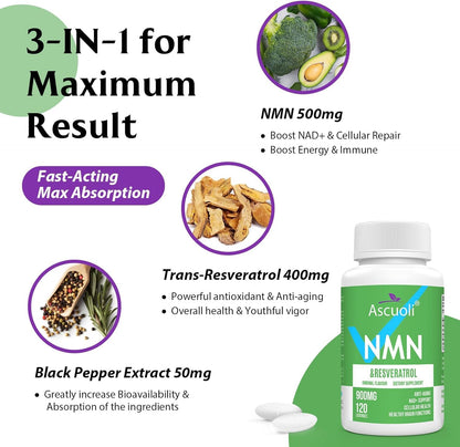 Sublingual NMN 500mg + Trans-Resveratrol 400mg, 3-in-1 Advanced Formula 99% Pure NMN Resveratrol Supplement for Boost* NAD, Cell, Immune, Energy & Muscle, Anti-Aging, 120 Lozenges, 120-Day Supply AscuoliBuy Supplements Australia