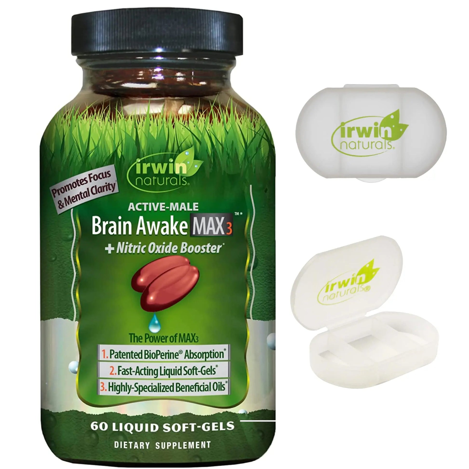 Irwin Naturals Brain Awake Max3 + Nitric Oxide Booster 60 Count with Pill Case Irwin Naturals